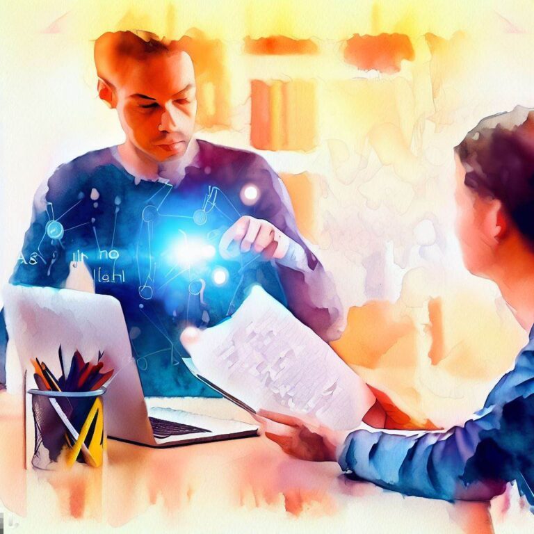 Image created with Bing Image Creator, prompt A picture of a student using AI technologies and having an AI tutor helping, watercolour image