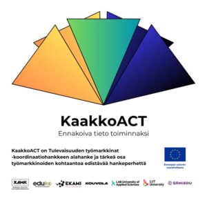 KaakkoACT-hankkeen logo ja tekstit Ennakoiva tieto toiminnaksi. KaakkoACT on Tulevaisuuden työmarkkinat -koordinaatiohankkeen alahanke ja tärkeä osa työmarkkinoiden kohtaantoa edistävää hankeperhettä. Kuvassa on myös seuraavat logot: Euroopan unionin osarahoittama, Xamk, Eduko, Ekami, Kouvola, LAB, LUT University, Samiedu.