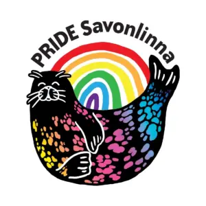 Pride Savonlinna -logo, jossa on värikäs norppa ja sateenkaari sekä teksti Pride Savonlinna
