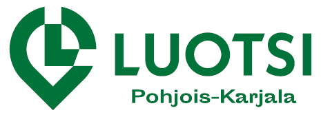 Vihreä logo, jossa on paikkamerkkiä muistuttava L-kirjaimen sisältävä logo ja teksti LUOTSI Pohjois-Karjala.