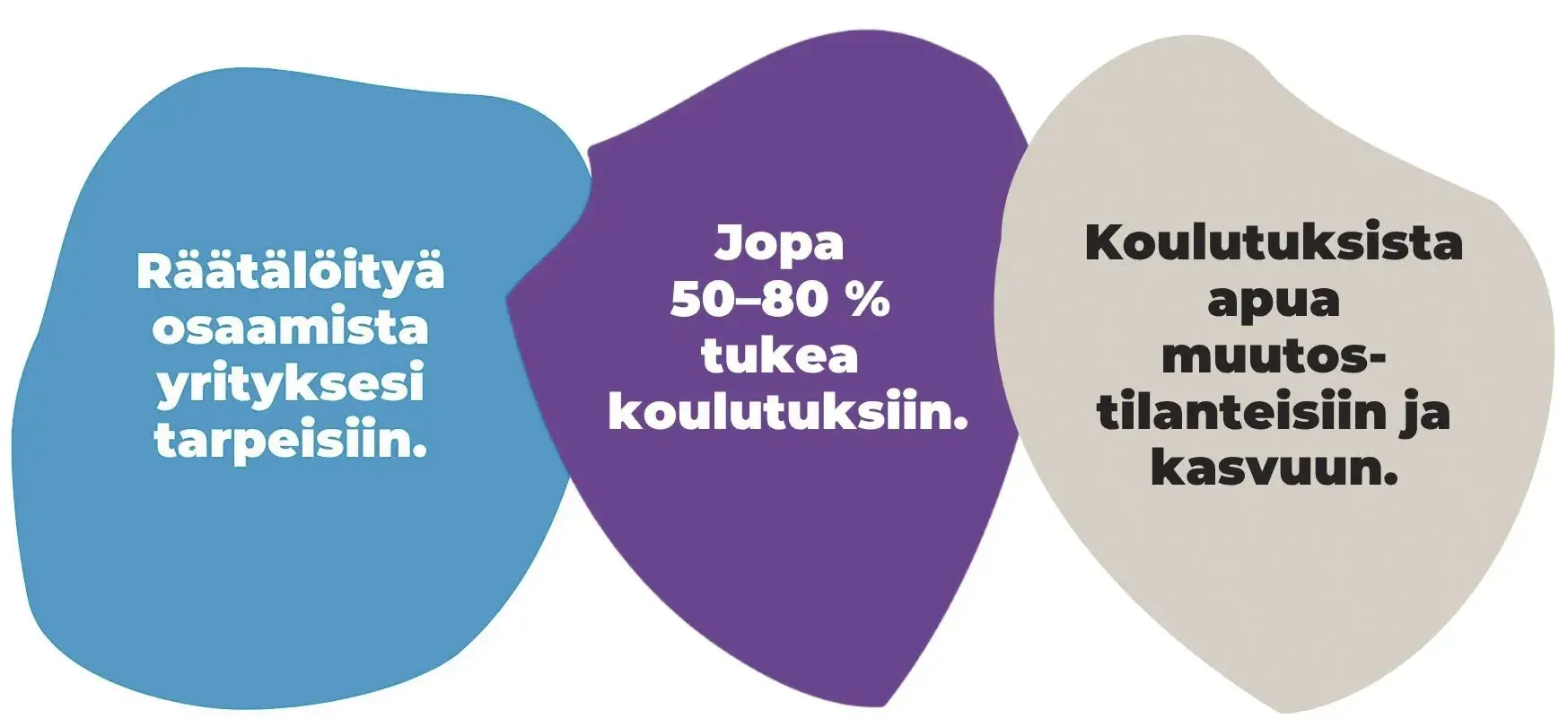 Kolme eriväristä kuviota, joissa tekstit Räätälöityä osaamista yrityksesi tarpeisiin. Jopa 50–80 % tukea koulutuksiin ja Koulutuksista apua muutostilanteisiin ja kasvuun. 