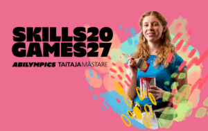 Kuvassa on tekstit SkillsGames27 Abilympics ja Taitaja Mästare sekä värikäs henkilön kuva. Kuvassa on vaaleanpunainen tausta.